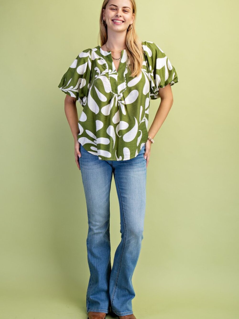 Printed Slit Neck Top with Short Balloon Sleeves and Ric-Rac Trim Details - Picture 2 of 9